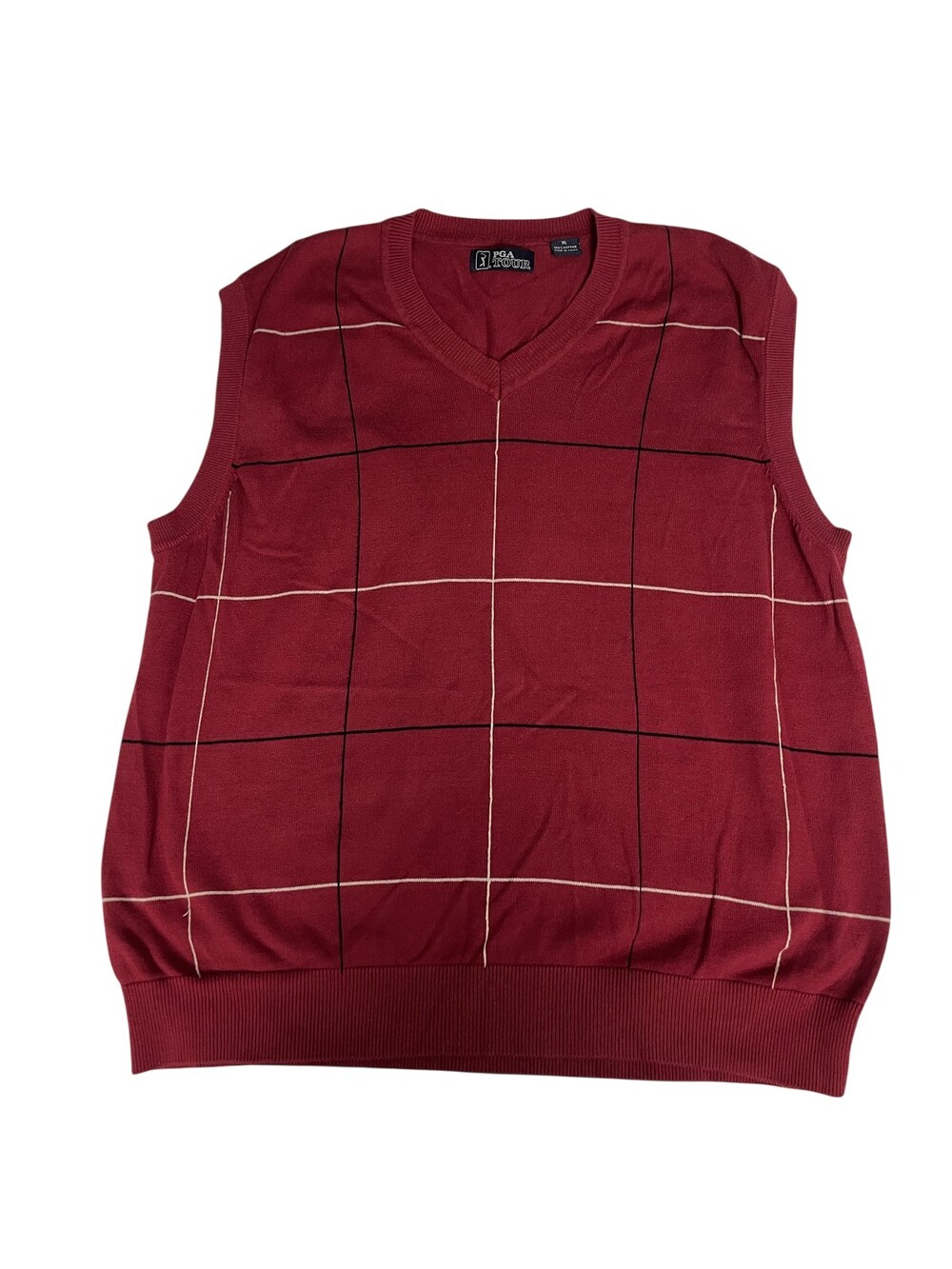 PGA TOUR Sweater Vest Mens XL Burgundy Red Windowpane V Neck Knit Golf Pullover